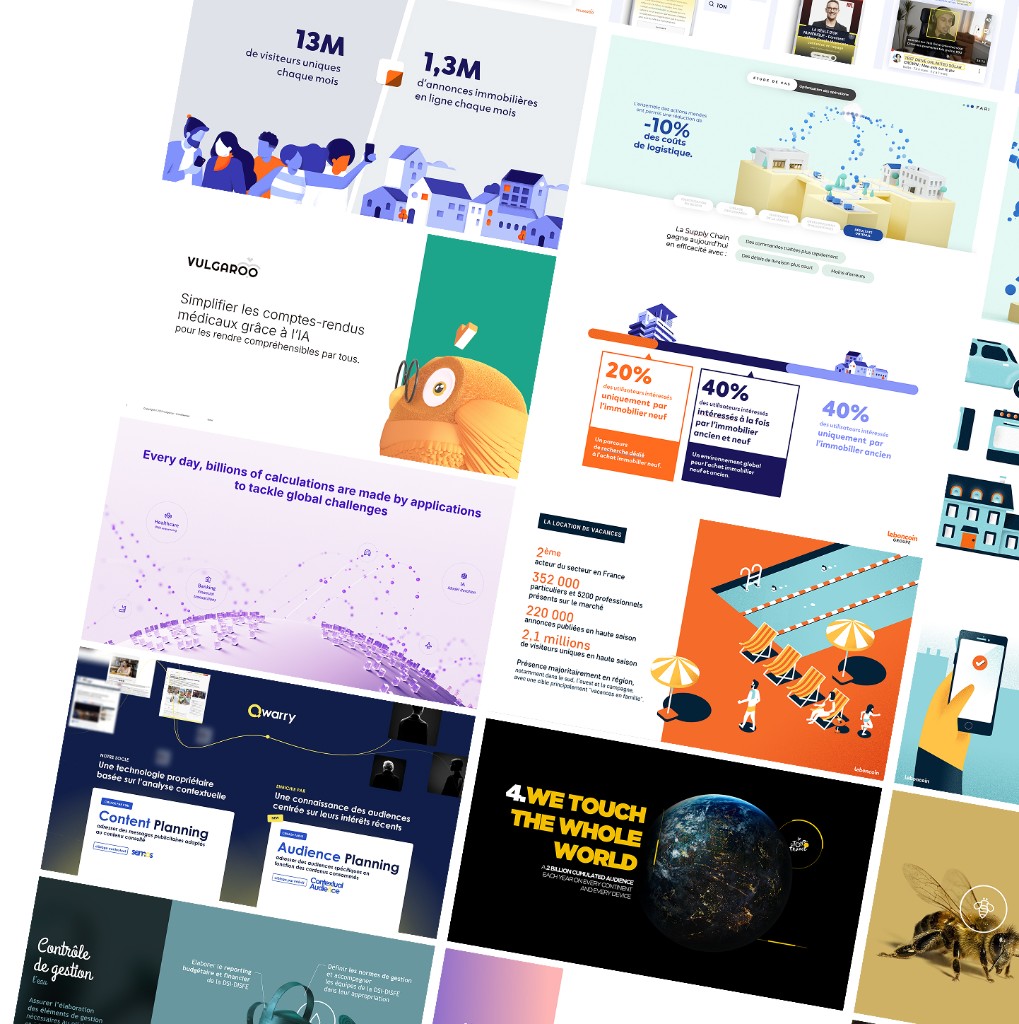 Exemples de slides — design d'information, storytelling visuel et présentations stratégiques